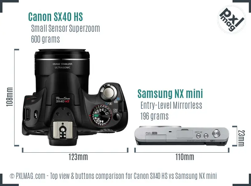 Canon SX40 HS vs Samsung NX mini top view buttons comparison