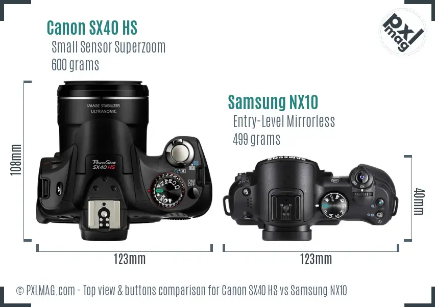 Canon SX40 HS vs Samsung NX10 top view buttons comparison Canon SX40 HS vs Samsung NX10 top view buttons comparison
