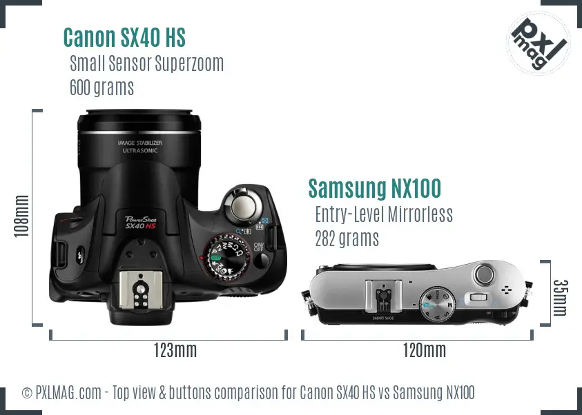 Canon SX40 HS vs Samsung NX100 top view buttons comparison