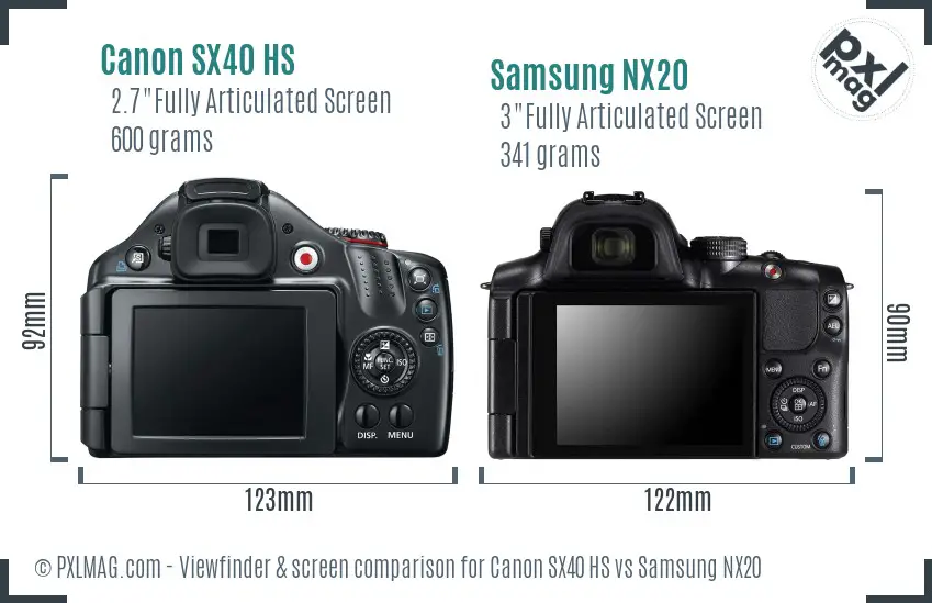 Canon SX40 HS vs Samsung NX20 Screen and Viewfinder comparison