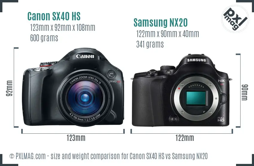 Canon SX40 HS vs Samsung NX20 size comparison
