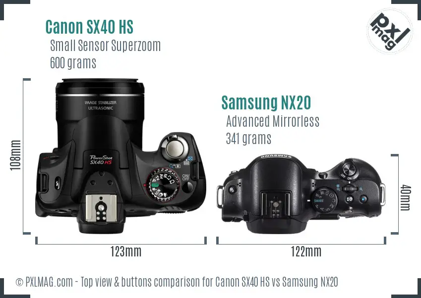 Canon SX40 HS vs Samsung NX20 top view buttons comparison