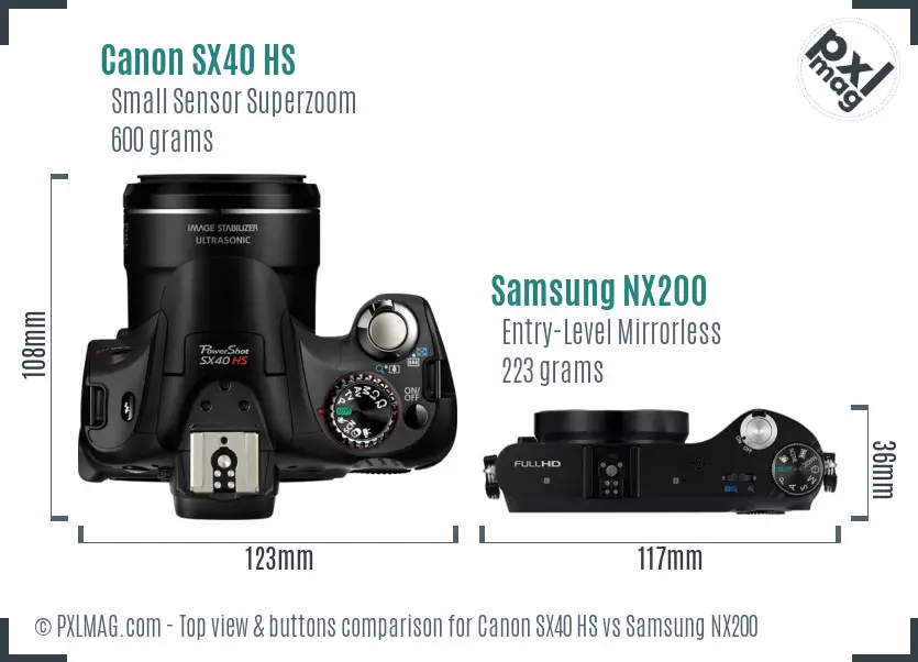 Canon SX40 HS vs Samsung NX200 top view buttons comparison