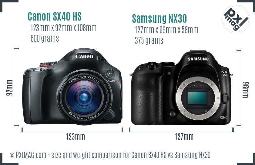 Canon SX40 HS vs Samsung NX30 size comparison