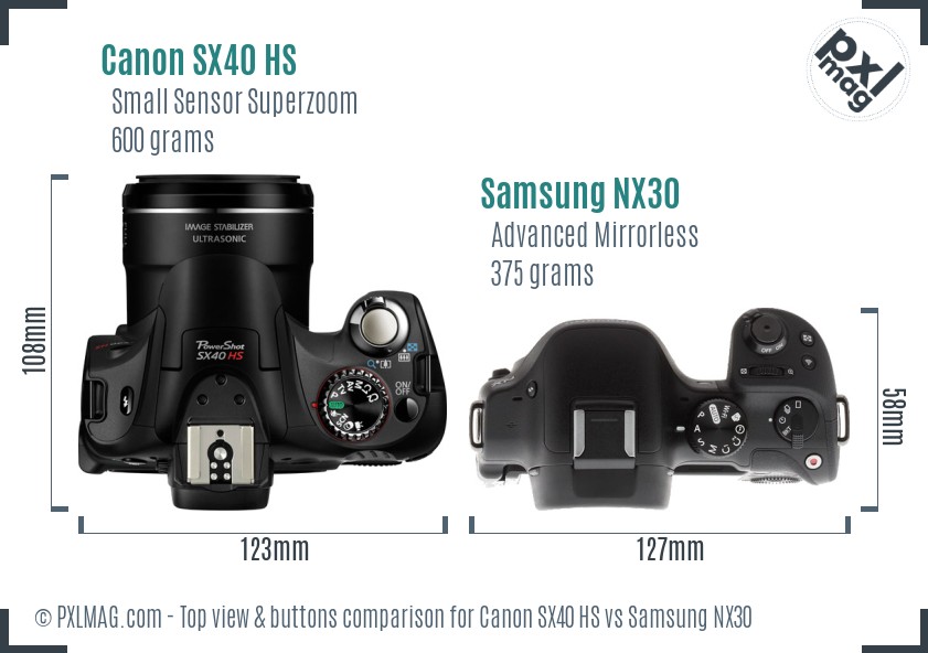 Canon SX40 HS vs Samsung NX30 top view buttons comparison