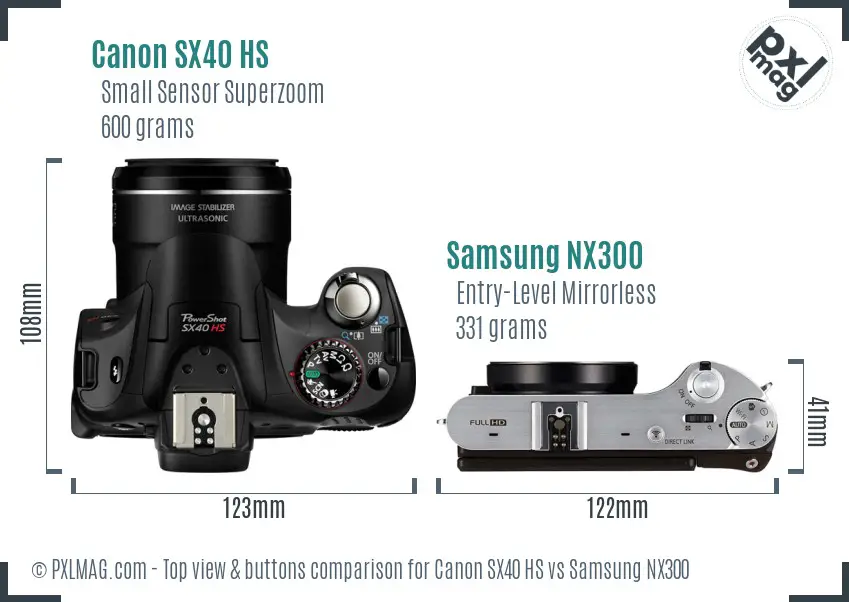 Canon SX40 HS vs Samsung NX300 top view buttons comparison Canon SX40 HS vs Samsung NX300 top view buttons comparison