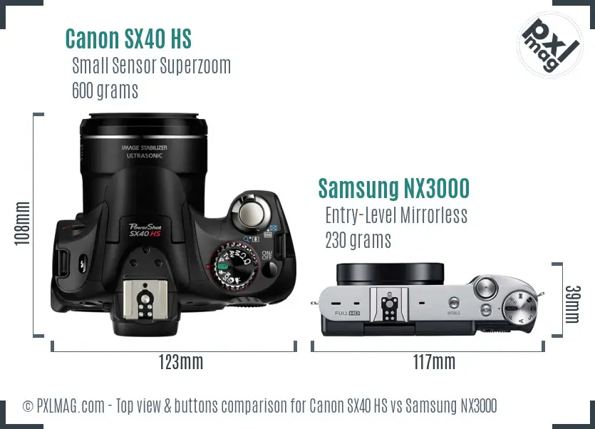 Canon SX40 HS vs Samsung NX3000 top view buttons comparison