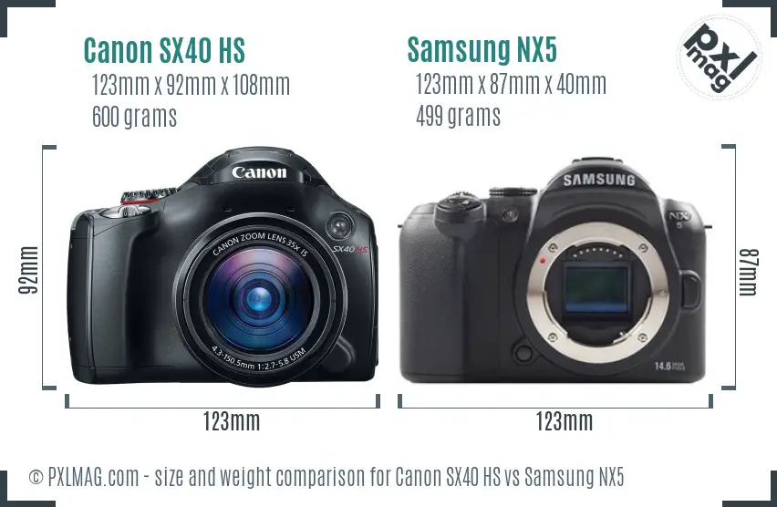 Canon SX40 HS vs Samsung NX5 size comparison