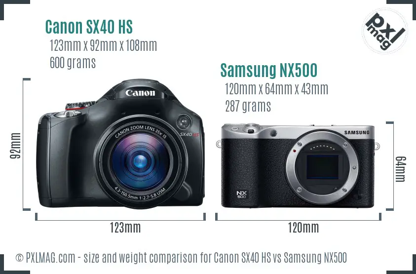 Canon SX40 HS vs Samsung NX500 size comparison
