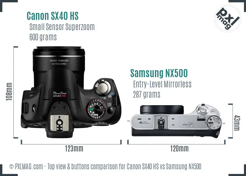Canon SX40 HS vs Samsung NX500 top view buttons comparison