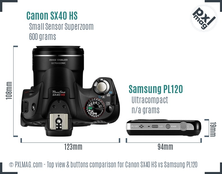 Canon SX40 HS vs Samsung PL120 top view buttons comparison