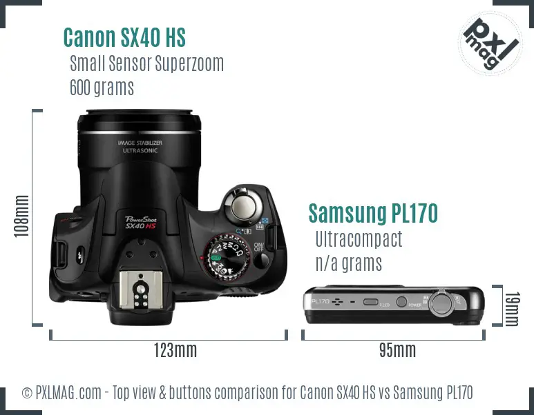 Canon SX40 HS vs Samsung PL170 top view buttons comparison