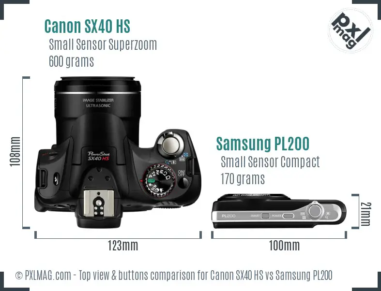 Canon SX40 HS vs Samsung PL200 top view buttons comparison Canon SX40 HS vs Samsung PL200 top view buttons comparison