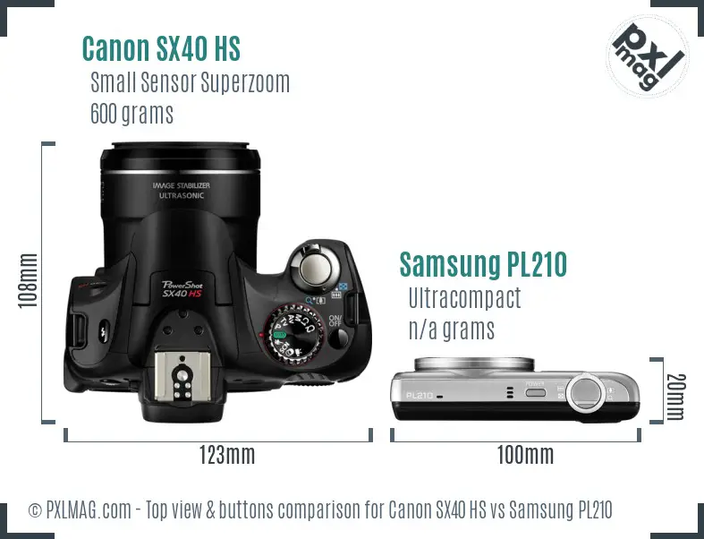 Canon SX40 HS vs Samsung PL210 top view buttons comparison Canon SX40 HS vs Samsung PL210 top view buttons comparison