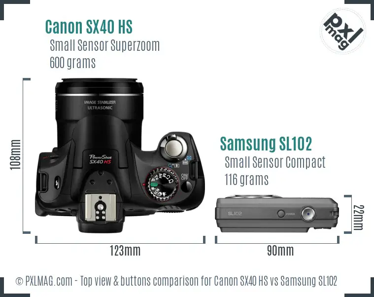 Canon SX40 HS vs Samsung SL102 top view buttons comparison Canon SX40 HS vs Samsung SL102 top view buttons comparison