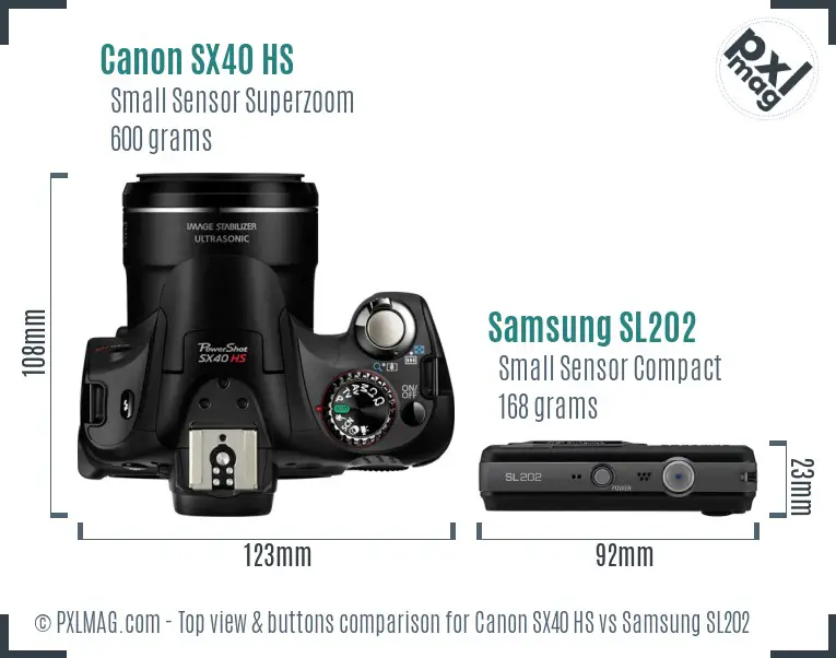Canon SX40 HS vs Samsung SL202 top view buttons comparison Canon SX40 HS vs Samsung SL202 top view buttons comparison