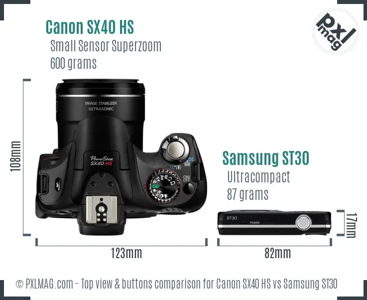 Canon SX40 HS vs Samsung ST30 top view buttons comparison
