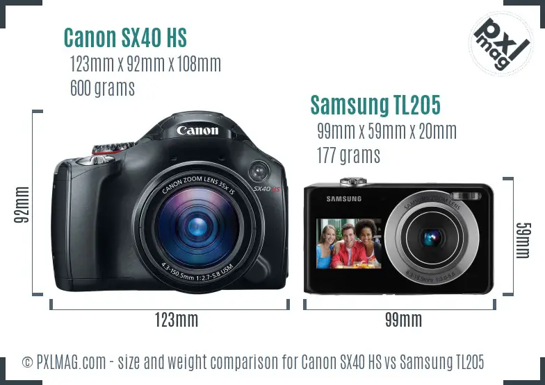 Canon SX40 HS vs Samsung TL205 size comparison