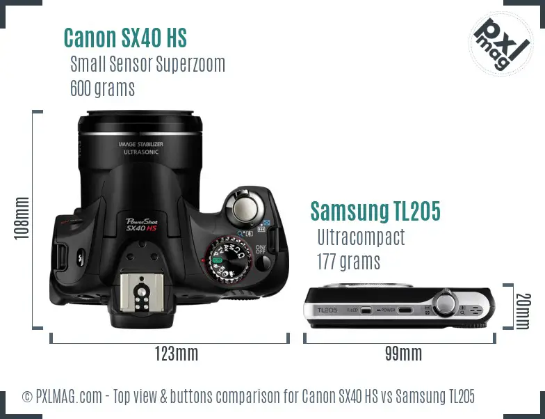 Canon SX40 HS vs Samsung TL205 top view buttons comparison