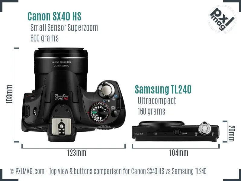 Canon SX40 HS vs Samsung TL240 top view buttons comparison