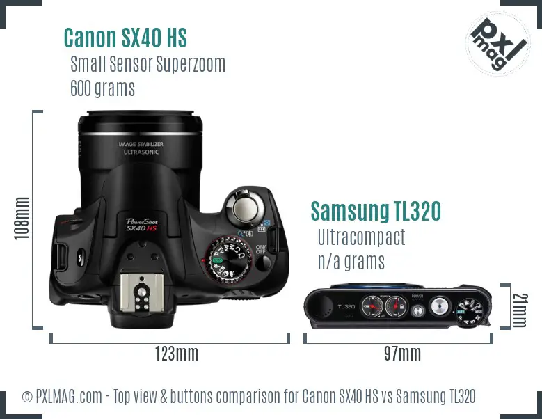 Canon SX40 HS vs Samsung TL320 top view buttons comparison