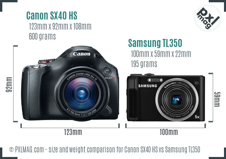 Canon SX40 HS vs Samsung TL350 size comparison