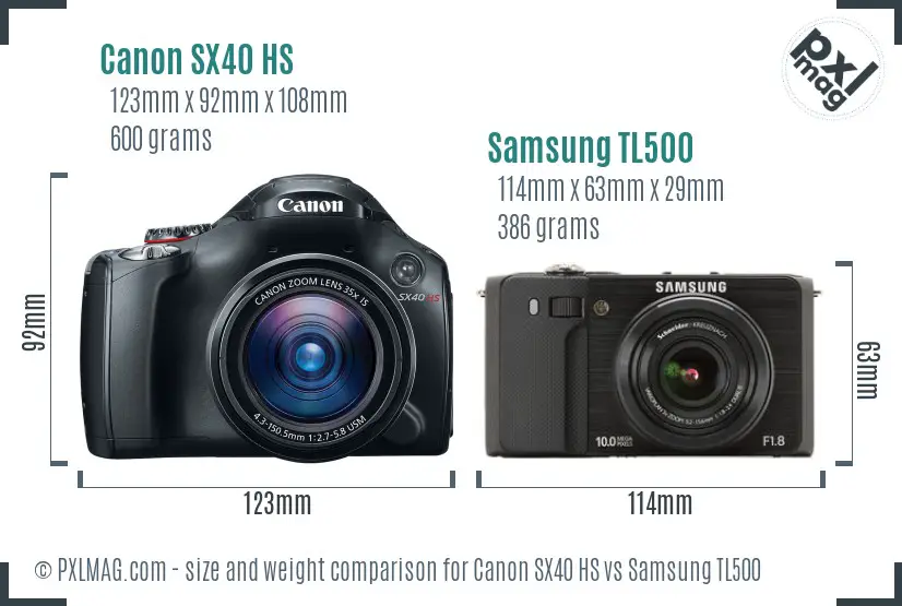 Canon SX40 HS vs Samsung TL500 size comparison