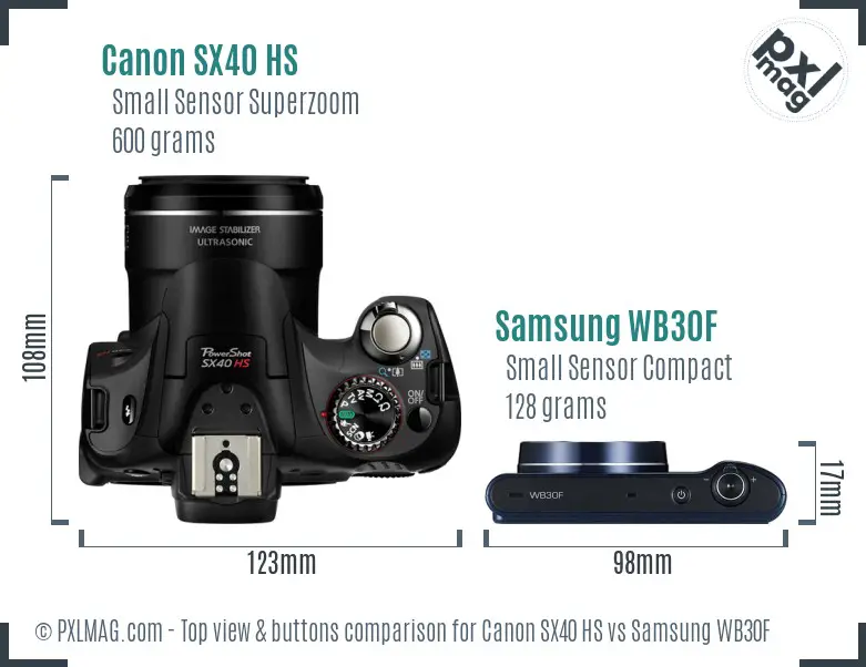 Canon SX40 HS vs Samsung WB30F top view buttons comparison Canon SX40 HS vs Samsung WB30F top view buttons comparison