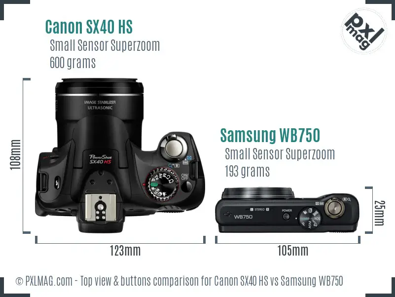 Canon SX40 HS vs Samsung WB750 top view buttons comparison