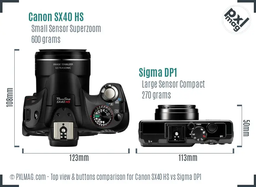 Canon SX40 HS vs Sigma DP1 top view buttons comparison