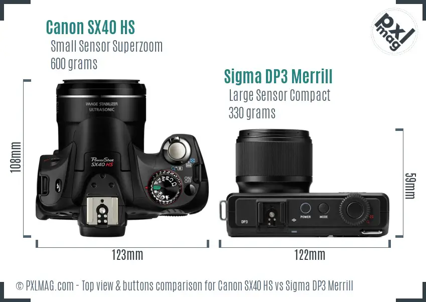 Canon SX40 HS vs Sigma DP3 Merrill top view buttons comparison