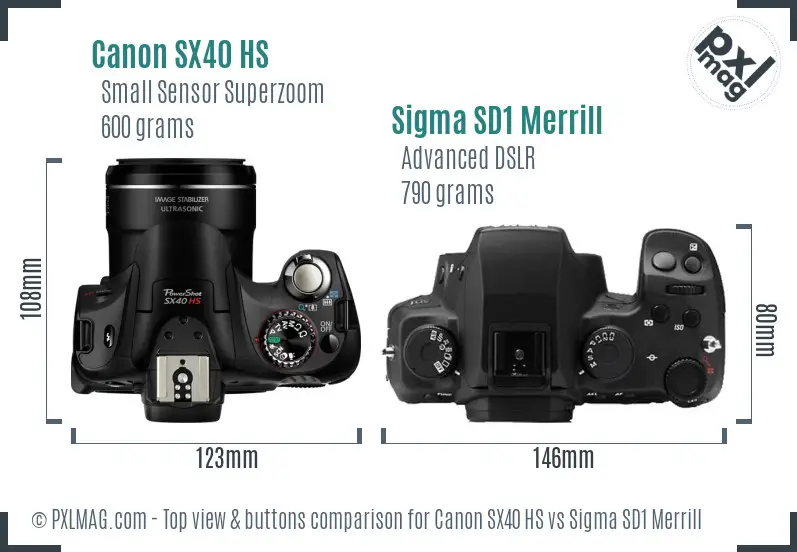 Canon SX40 HS vs Sigma SD1 Merrill top view buttons comparison