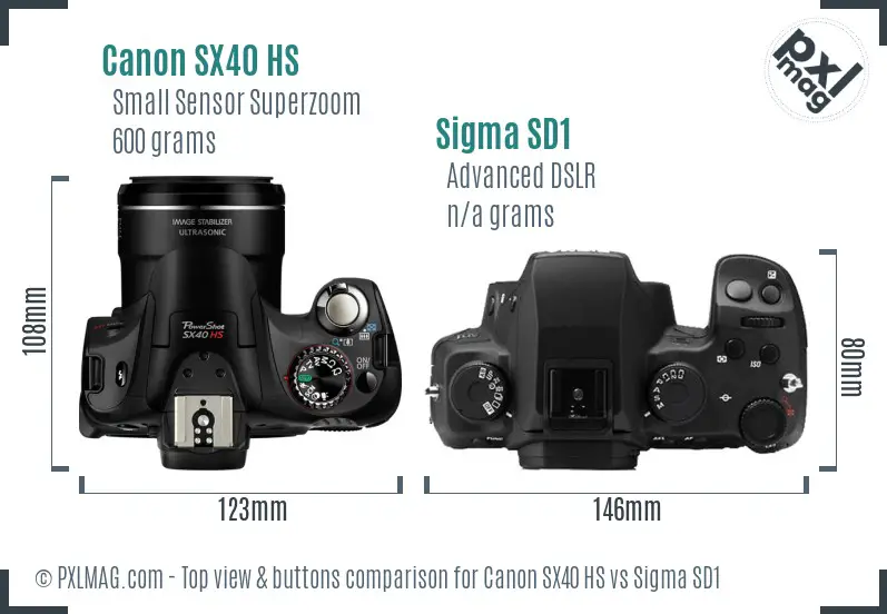 Canon SX40 HS vs Sigma SD1 top view buttons comparison Canon SX40 HS vs Sigma SD1 top view buttons comparison