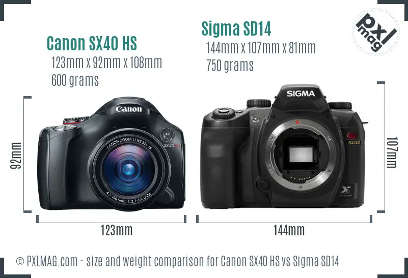 Canon SX40 HS vs Sigma SD14 size comparison