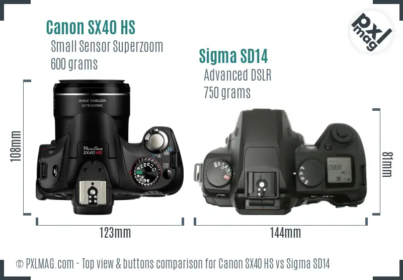 Canon SX40 HS vs Sigma SD14 top view buttons comparison