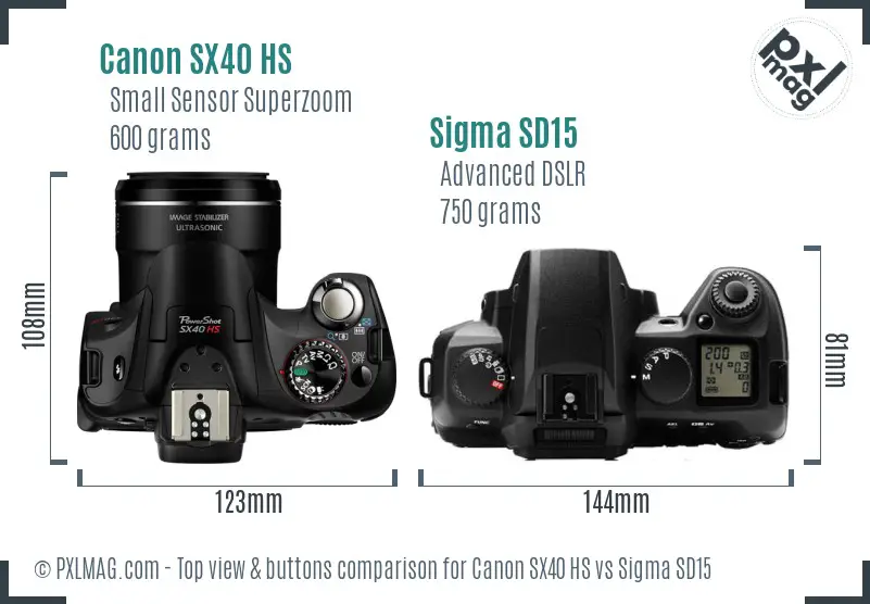 Canon SX40 HS vs Sigma SD15 top view buttons comparison