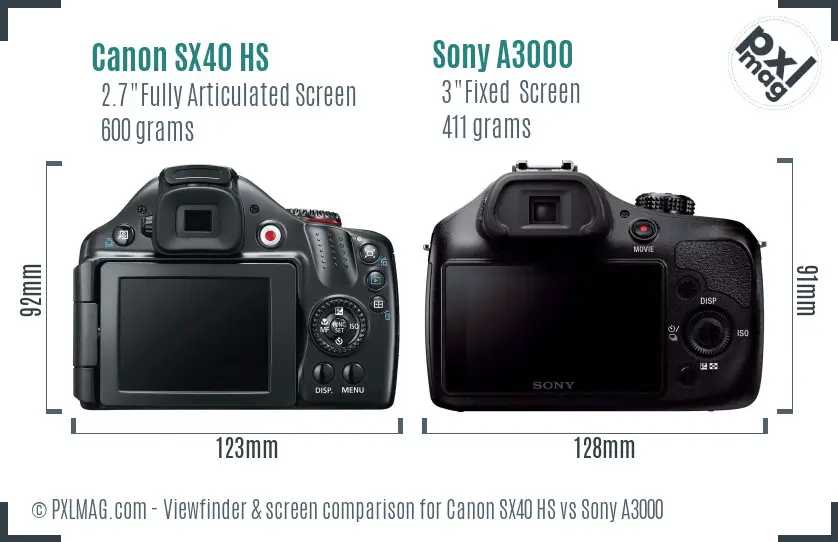 Canon SX40 HS vs Sony A3000 Screen and Viewfinder comparison
