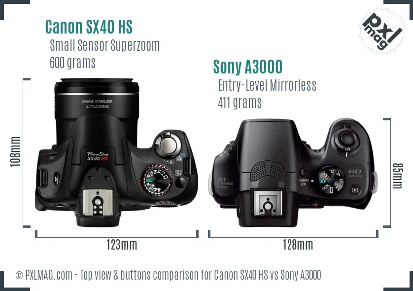 Canon SX40 HS vs Sony A3000 top view buttons comparison