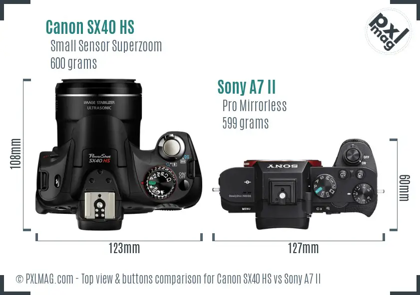 Canon SX40 HS vs Sony A7 II top view buttons comparison