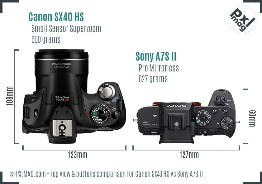 Canon SX40 HS vs Sony A7S II top view buttons comparison