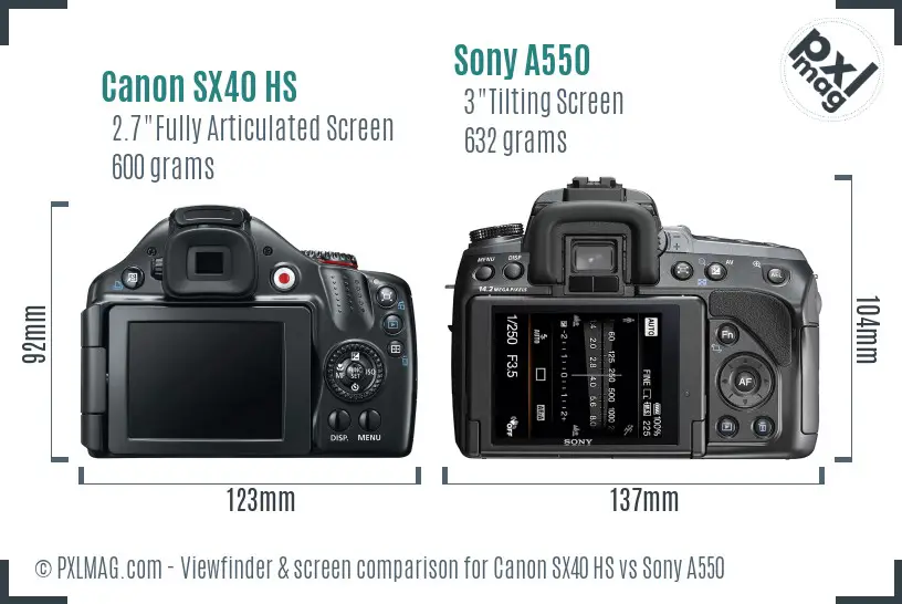 Canon SX40 HS vs Sony A550 Screen and Viewfinder comparison