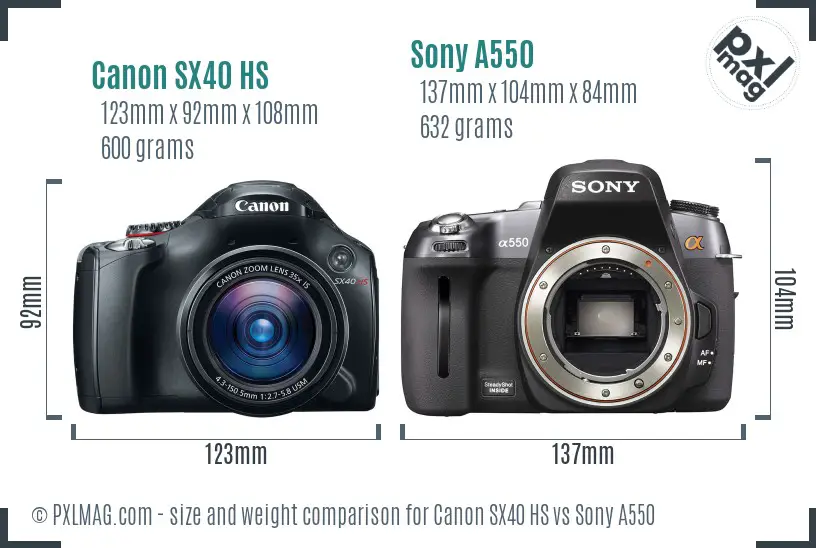 Canon SX40 HS vs Sony A550 size comparison