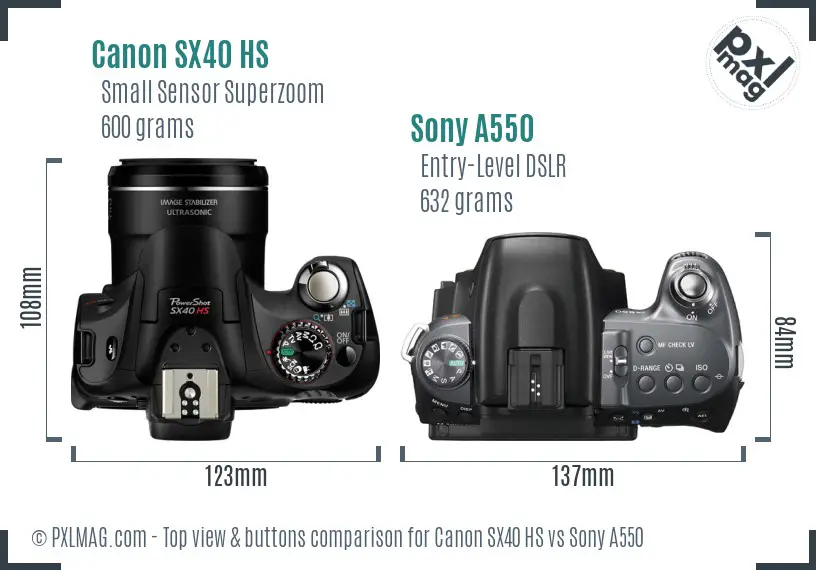 Canon SX40 HS vs Sony A550 top view buttons comparison