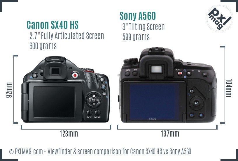 Canon SX40 HS vs Sony A560 Screen and Viewfinder comparison