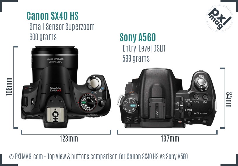 Canon SX40 HS vs Sony A560 top view buttons comparison