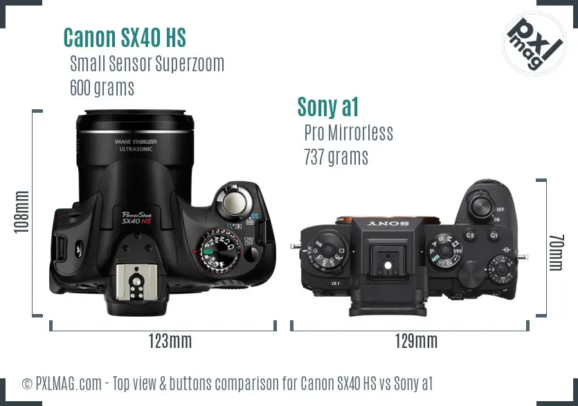 Canon SX40 HS vs Sony a1 top view buttons comparison