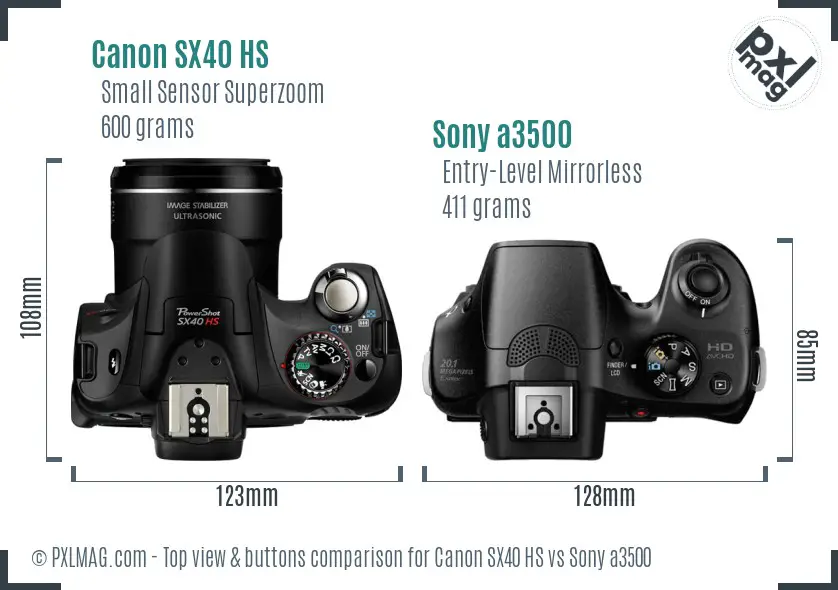 Canon SX40 HS vs Sony a3500 top view buttons comparison Canon SX40 HS vs Sony a3500 top view buttons comparison
