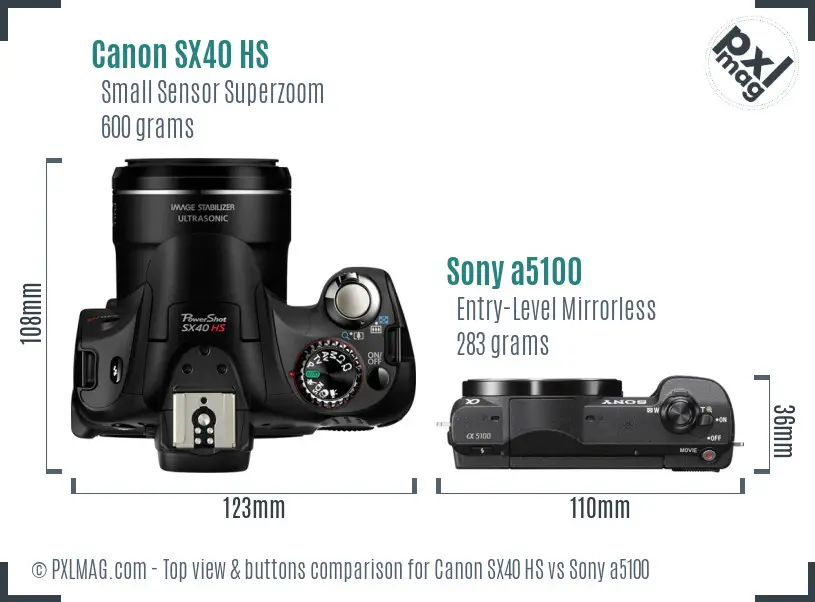Canon SX40 HS vs Sony a5100 top view buttons comparison Canon SX40 HS vs Sony a5100 top view buttons comparison