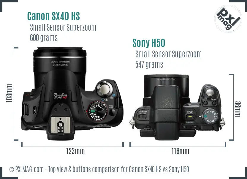 Canon SX40 HS vs Sony H50 top view buttons comparison