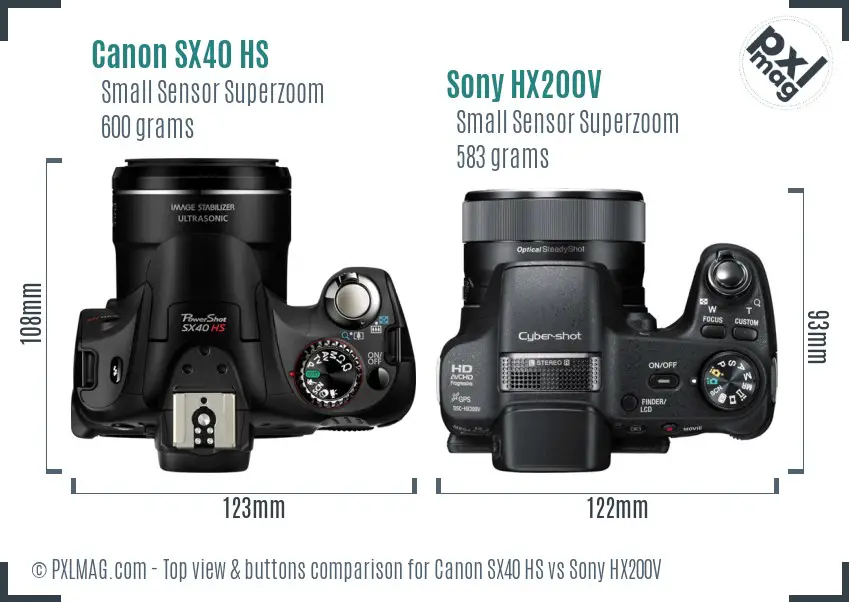 Canon SX40 HS vs Sony HX200V top view buttons comparison